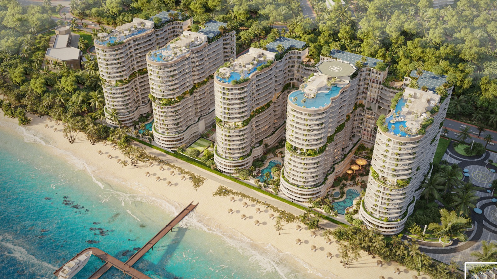 AMRA Waterfront — аэросъёмка пяти башен на берегу моря